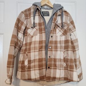 Natural Reflections Plaid Flannel Cream & Tan Zipper Ladies Shacket Size L